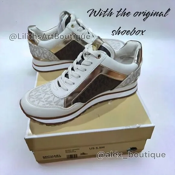 Michael Kors Maddy Vanilla/ Brown Two-Tone Logo Trainer Women's Sneakers 5.5 - Picture 12 of 13